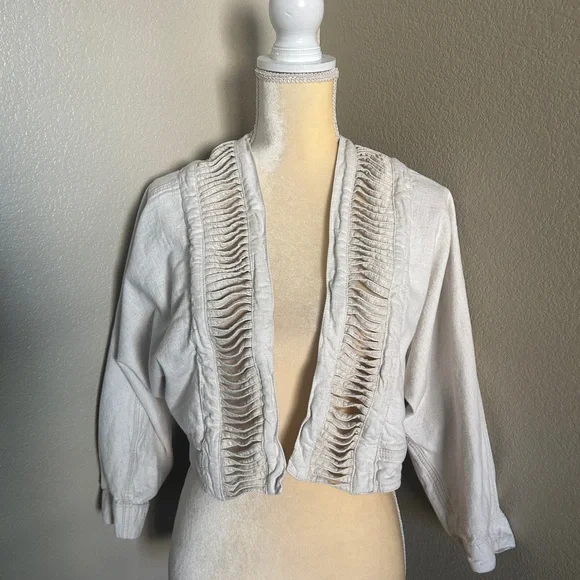 Anthropologie Beige Hei Hei Ladder Linen Cut Out Cropped Jacket Blazer XS/S - Picture 6 of 7